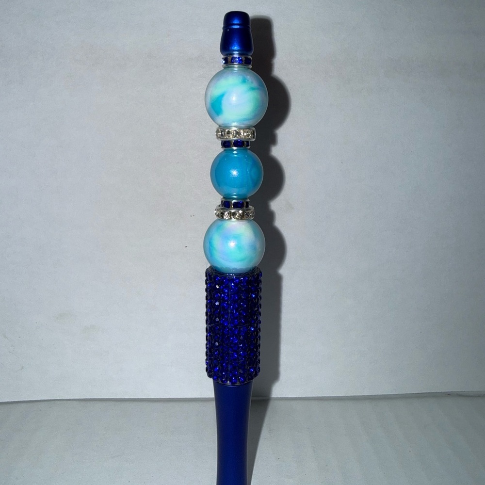 Handmade Beaded Pen- Elegant Blue pen with marble resin beads & rhinestone base